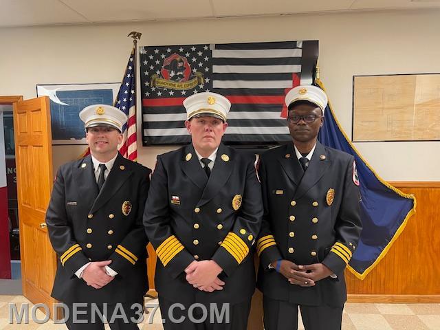Captain Rogers, Chief Corle, and Deputy Chief Reason the newly promoted officers